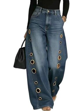 Large Grommets Vintage Washed Blue Denim Jeans